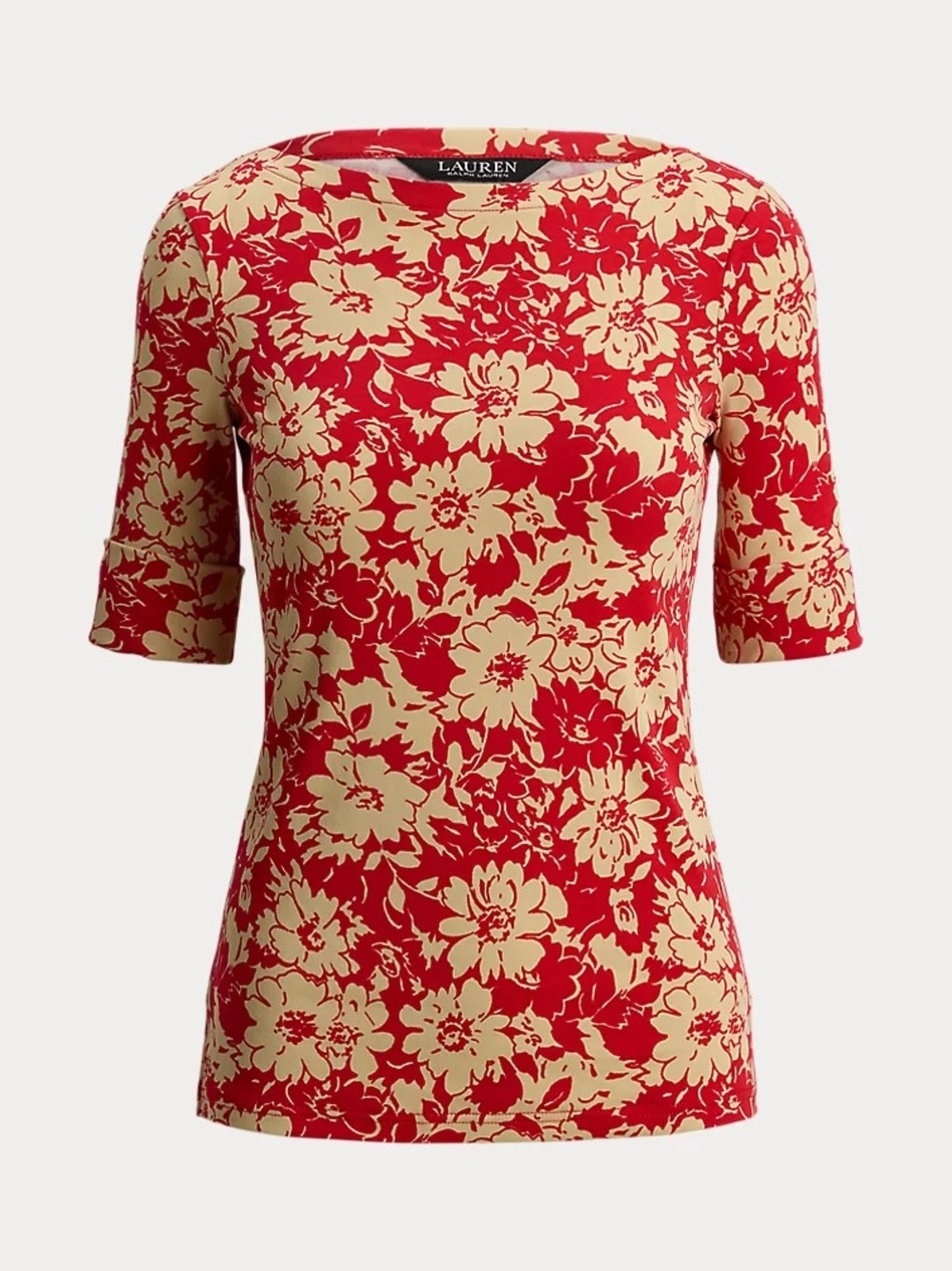 Floral Stretch Cotton Boatneck Tee Lauren Petite Small
